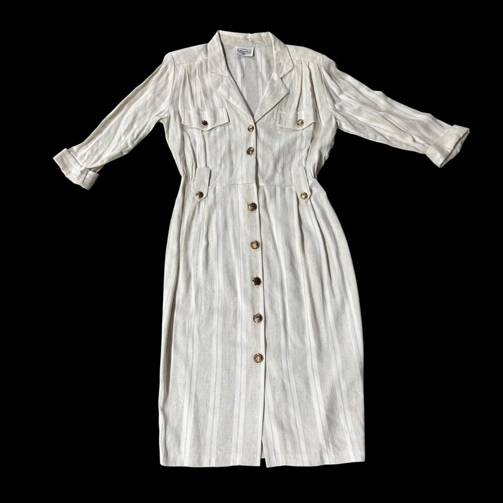 Vintage Cream Beige Dress Button Down Striped 1980s Brittany Nicole USA 13/14 - Picture 2 of 9